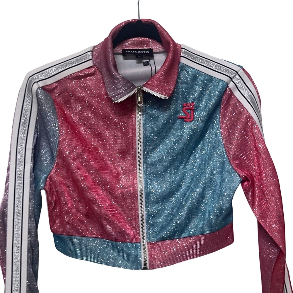 NWT Shane Justin Glitter Track Jacket Zip Up Pink Blue White Striped‎ Large L